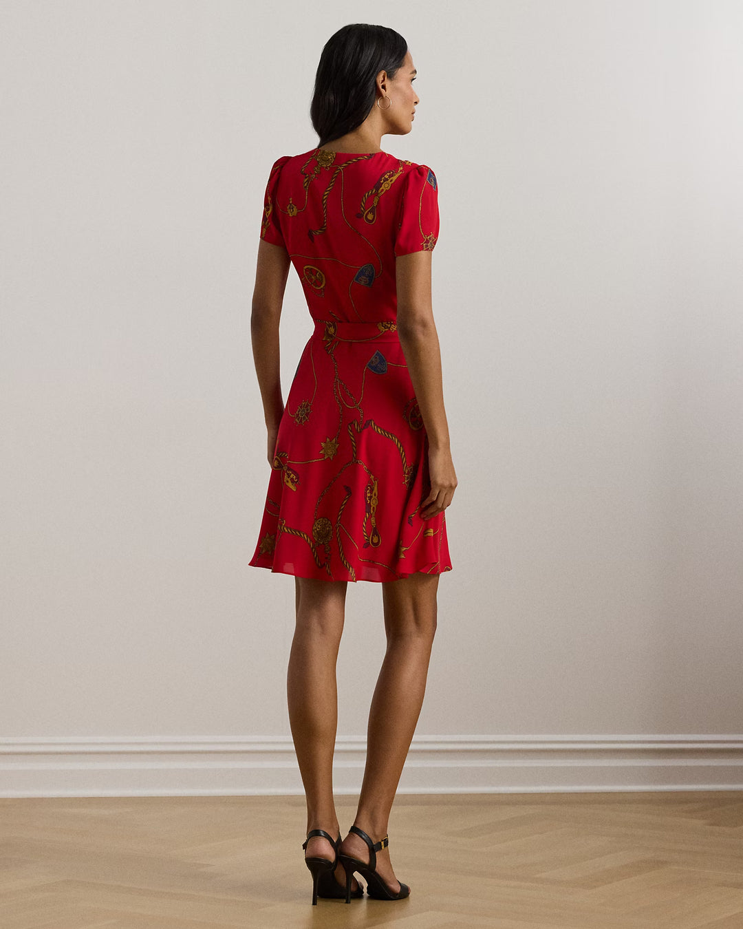 Ralph Lauren Print Belted Georgette Puff-Sleeve Dress