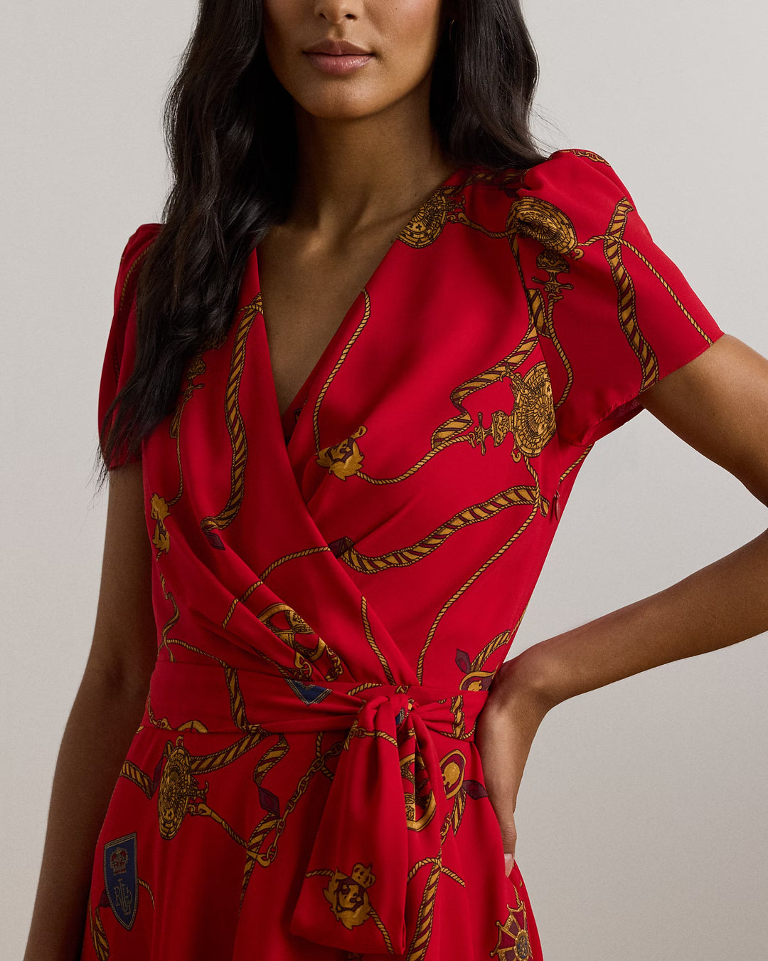 Ralph Lauren Print Belted Georgette Puff-Sleeve Dress