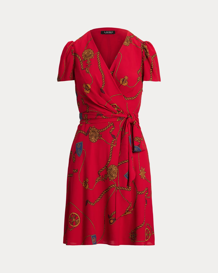 Ralph Lauren Print Belted Georgette Puff-Sleeve Dress