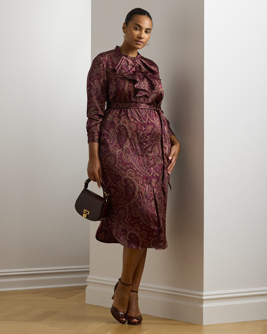 Ralph Lauren aisley Ruffle-Trim Charmeuse Shirtdress