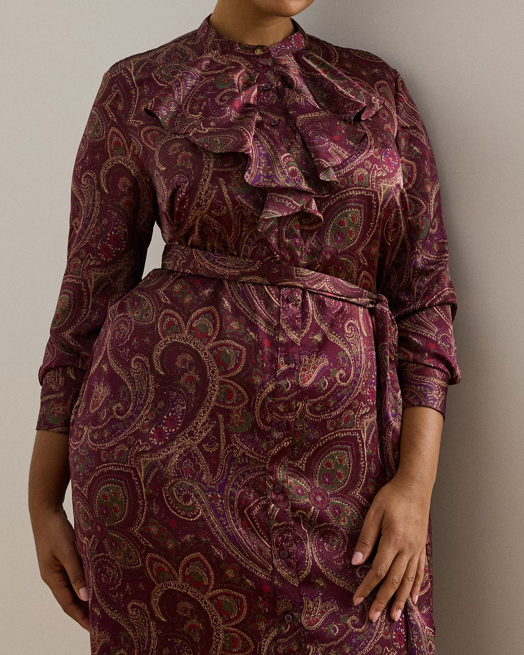 Ralph Lauren aisley Ruffle-Trim Charmeuse Shirtdress