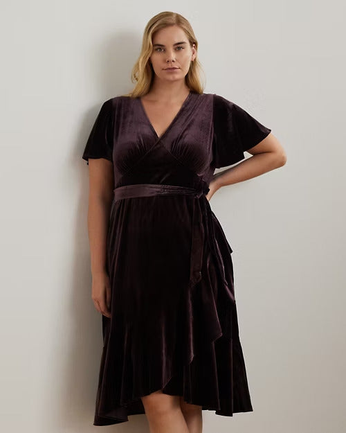 Ralph Lauren Belted Velvet Flutter-Sleeve Dress