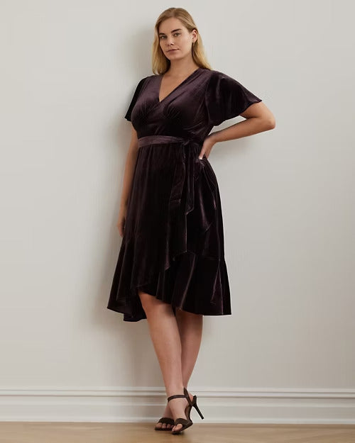 Ralph Lauren Belted Velvet Flutter-Sleeve Dress