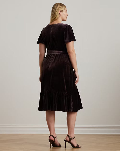Ralph Lauren Belted Velvet Flutter-Sleeve Dress