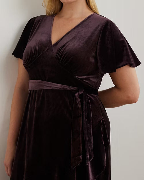 Ralph Lauren Belted Velvet Flutter-Sleeve Dress