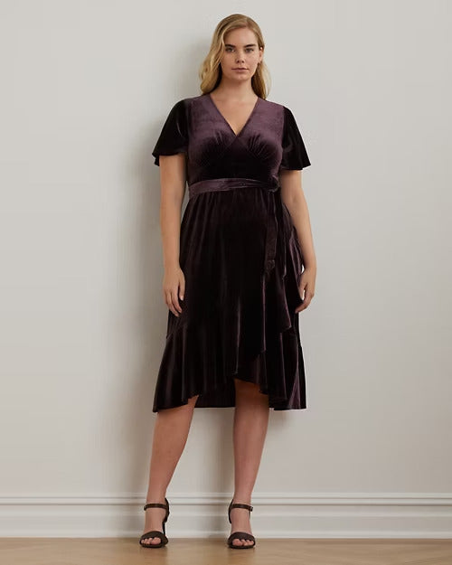 Ralph Lauren Belted Velvet Flutter-Sleeve Dress