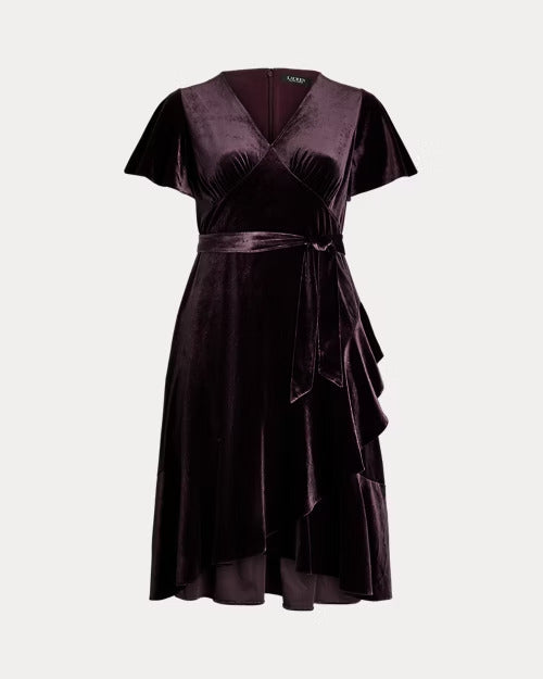 Ralph Lauren Belted Velvet Flutter-Sleeve Dress