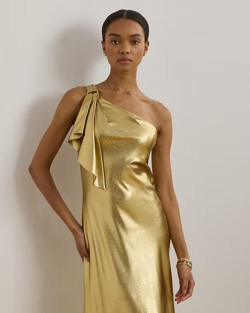 Ralph Lauren Metallic Charmeuse One-Shoulder Gown