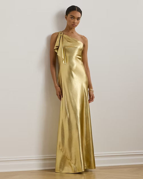 Ralph Lauren Metallic Charmeuse One-Shoulder Gown