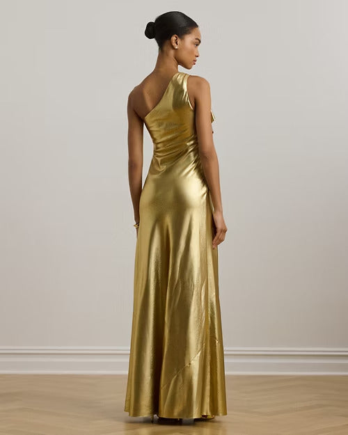 Ralph Lauren Metallic Charmeuse One-Shoulder Gown
