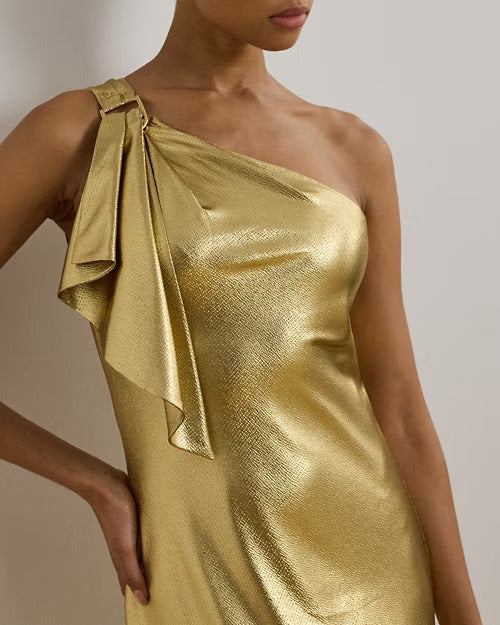 Ralph Lauren Metallic Charmeuse One-Shoulder Gown