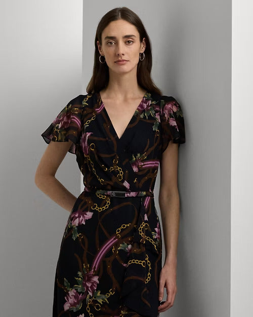 Ralph Lauren Print Belted Flutter-Sleeve Gown