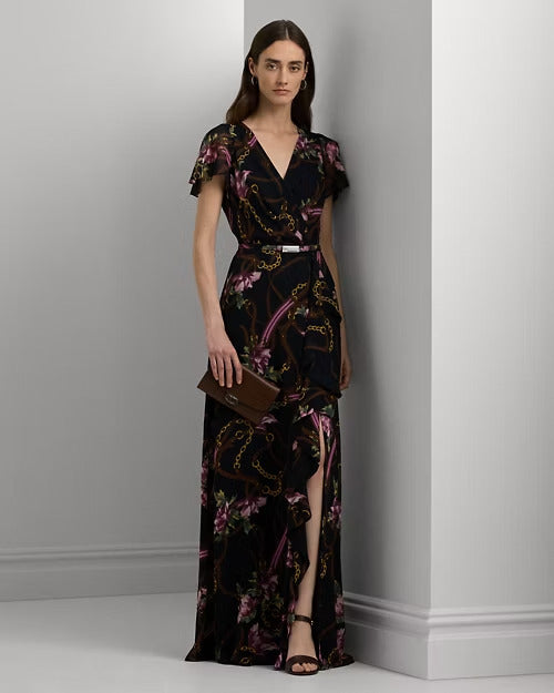 Ralph Lauren Print Belted Flutter-Sleeve Gown