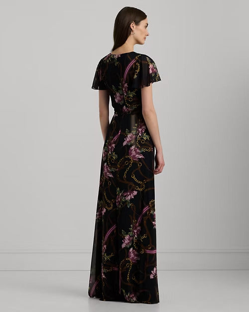 Ralph Lauren Print Belted Flutter-Sleeve Gown