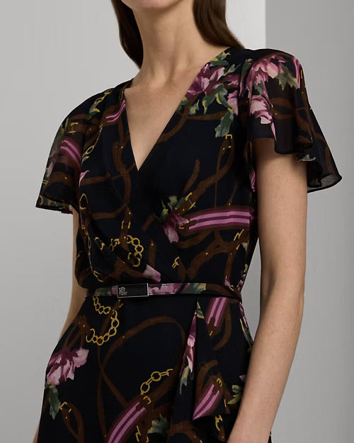 Ralph Lauren Print Belted Flutter-Sleeve Gown