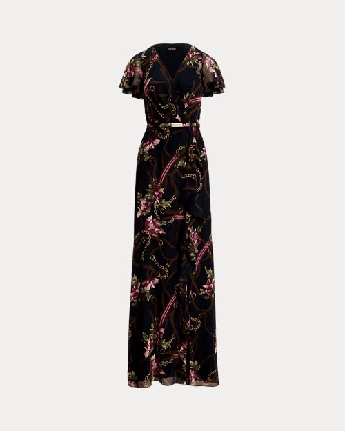 Ralph Lauren Print Belted Flutter-Sleeve Gown