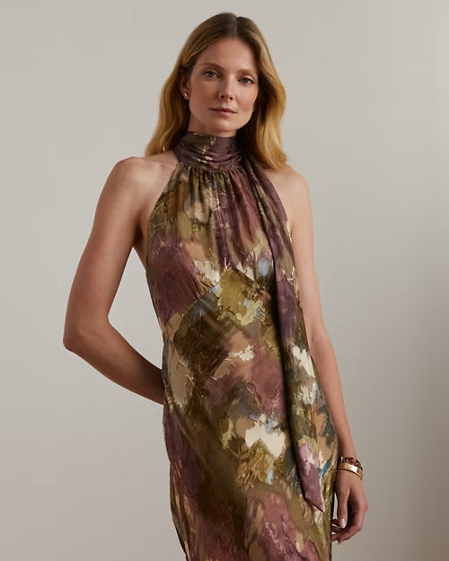 Ralph Lauren Floral Burnout Satin Halter Gown