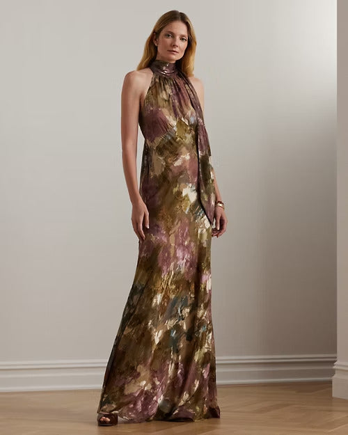 Ralph Lauren Floral Burnout Satin Halter Gown