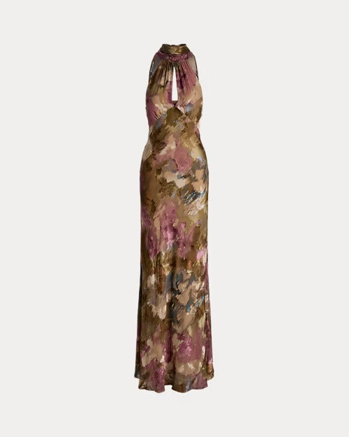 Ralph Lauren Floral Burnout Satin Halter Gown