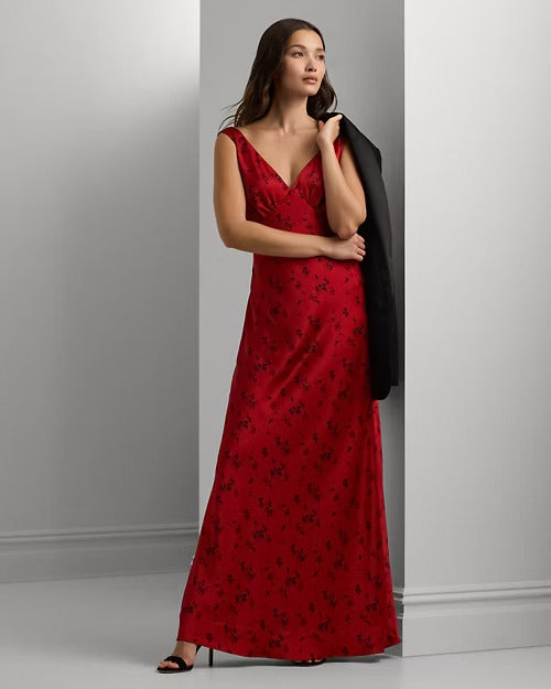 Ralph Lauren Floral Satin Charmeuse Cowlback Gown