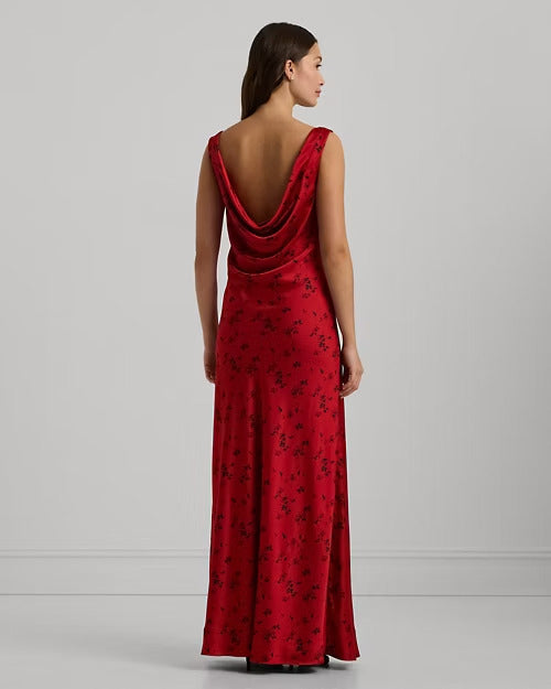 Ralph Lauren Floral Satin Charmeuse Cowlback Gown