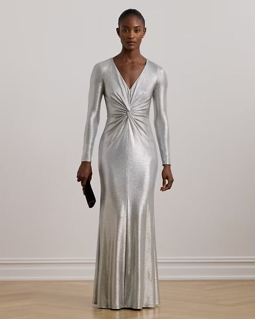 Ralph Lauren Metallic Knit Twist-Front Gown