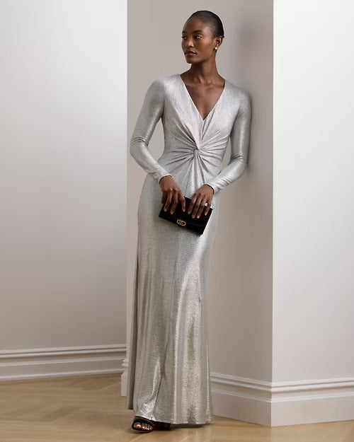 Ralph Lauren Metallic Knit Twist-Front Gown