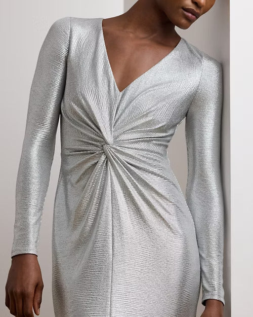 Ralph Lauren Metallic Knit Twist-Front Gown
