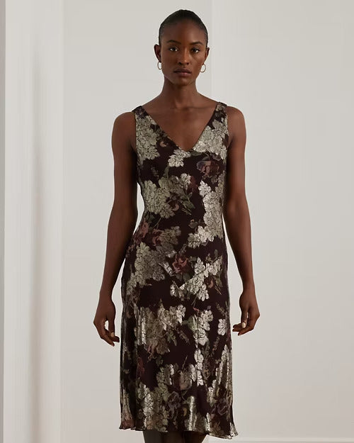 Ralph Lauren Floral Metallic Jacquard Cocktail Dress