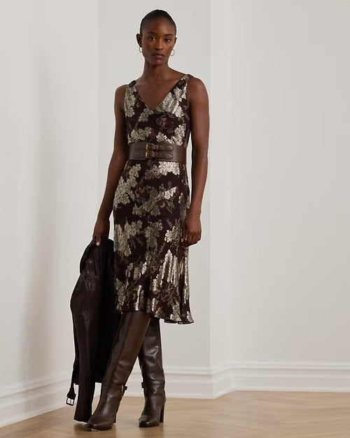Ralph Lauren Floral Metallic Jacquard Cocktail Dress