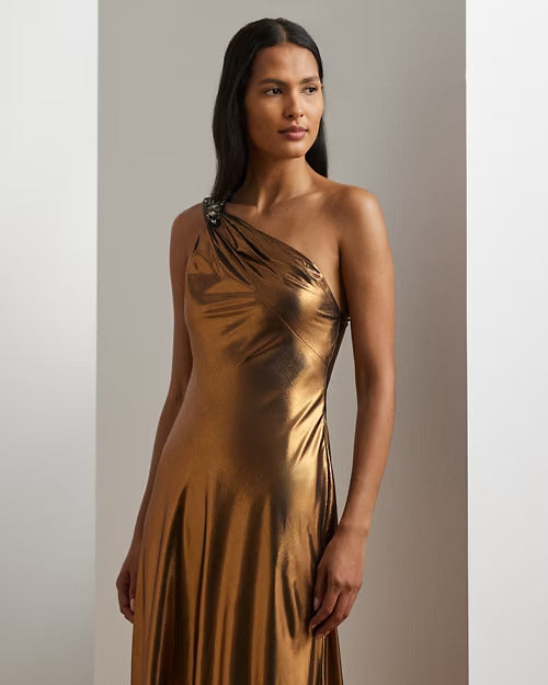 Ralph Lauren Metallic Chiffon One-Shoulder Gown