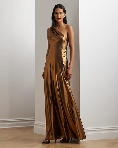 Ralph Lauren Metallic Chiffon One-Shoulder Gown