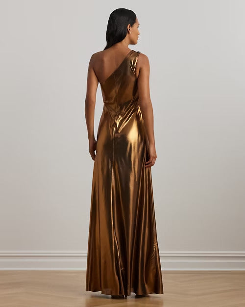 Ralph Lauren Metallic Chiffon One-Shoulder Gown