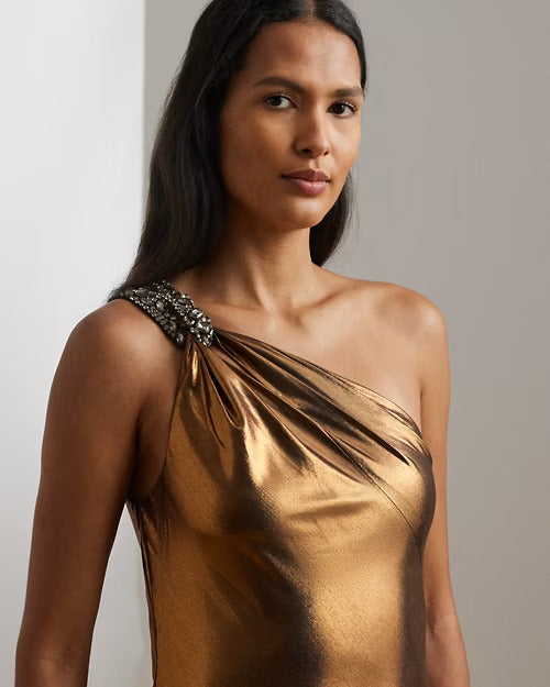 Ralph Lauren Metallic Chiffon One-Shoulder Gown