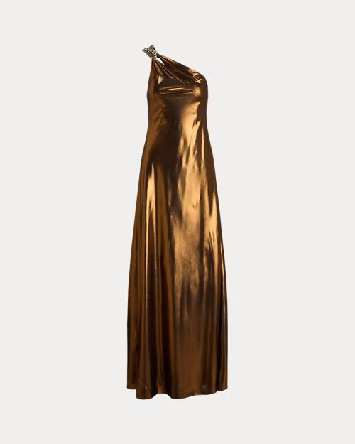 Ralph Lauren Metallic Chiffon One-Shoulder Gown