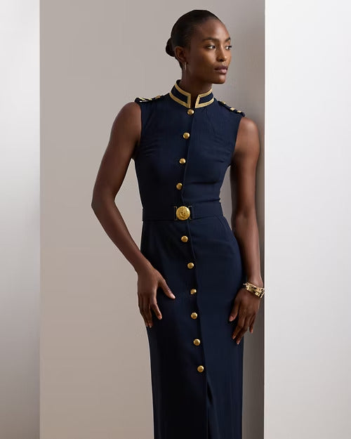 Ralph Lauren Metallic-Trim Belted Georgette Gown