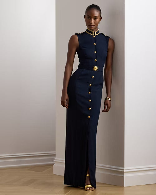 Ralph Lauren Metallic-Trim Belted Georgette Gown