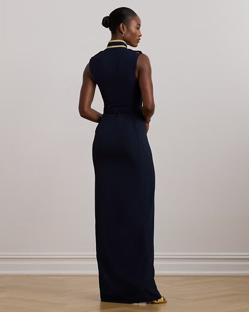 Ralph Lauren Metallic-Trim Belted Georgette Gown