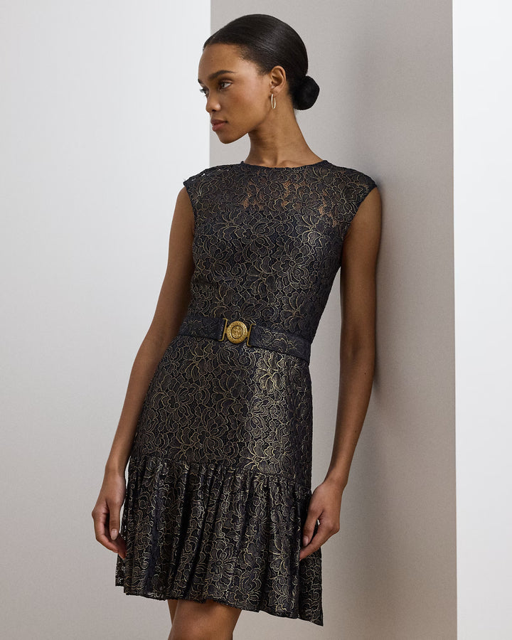 Ralph Lauren Belted Metallic Lace Cocktail Dress