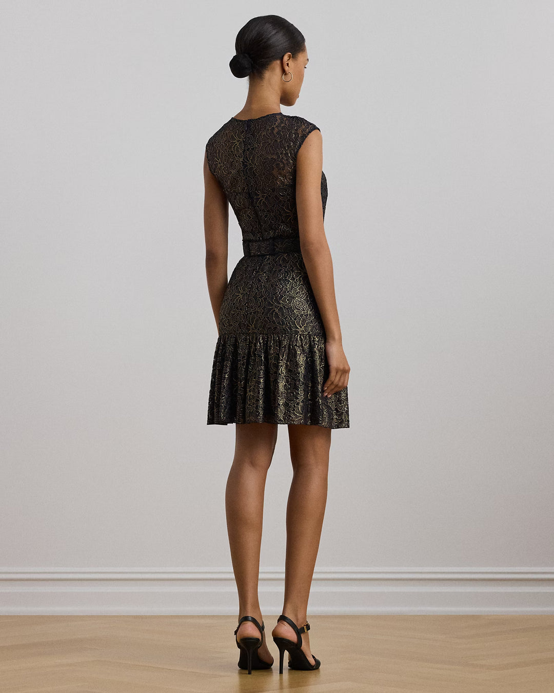 Ralph Lauren Belted Metallic Lace Cocktail Dress