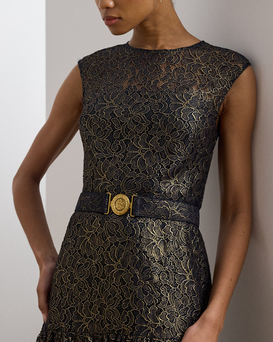 Ralph Lauren Belted Metallic Lace Cocktail Dress
