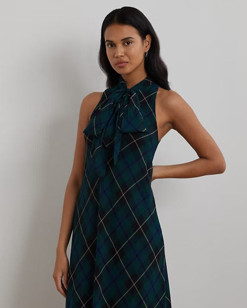 Ralph Lauren Plaid Crinkle Georgette Tie-Neck Gown