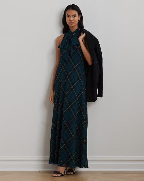 Ralph Lauren Plaid Crinkle Georgette Tie-Neck Gown