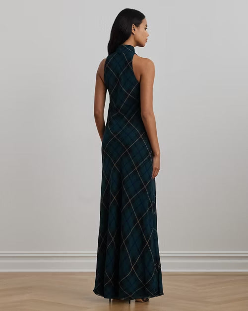 Ralph Lauren Plaid Crinkle Georgette Tie-Neck Gown
