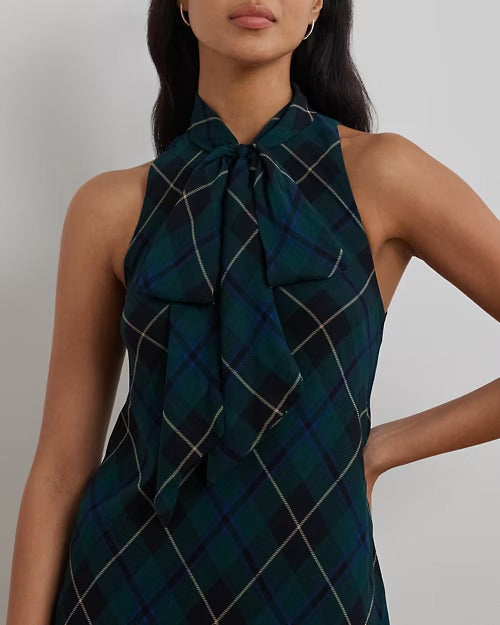 Ralph Lauren Plaid Crinkle Georgette Tie-Neck Gown