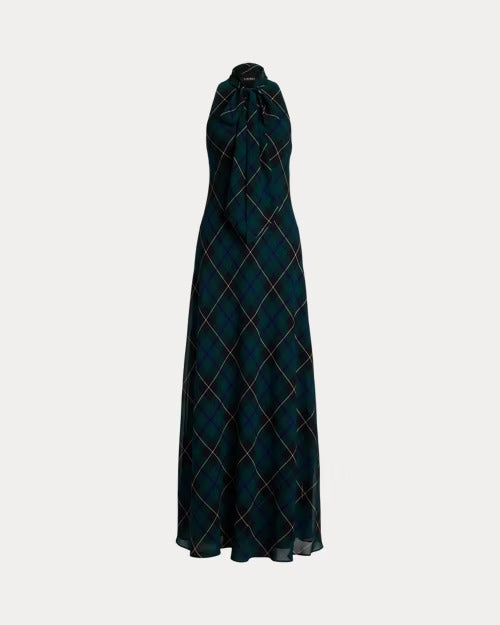Ralph Lauren Plaid Crinkle Georgette Tie-Neck Gown