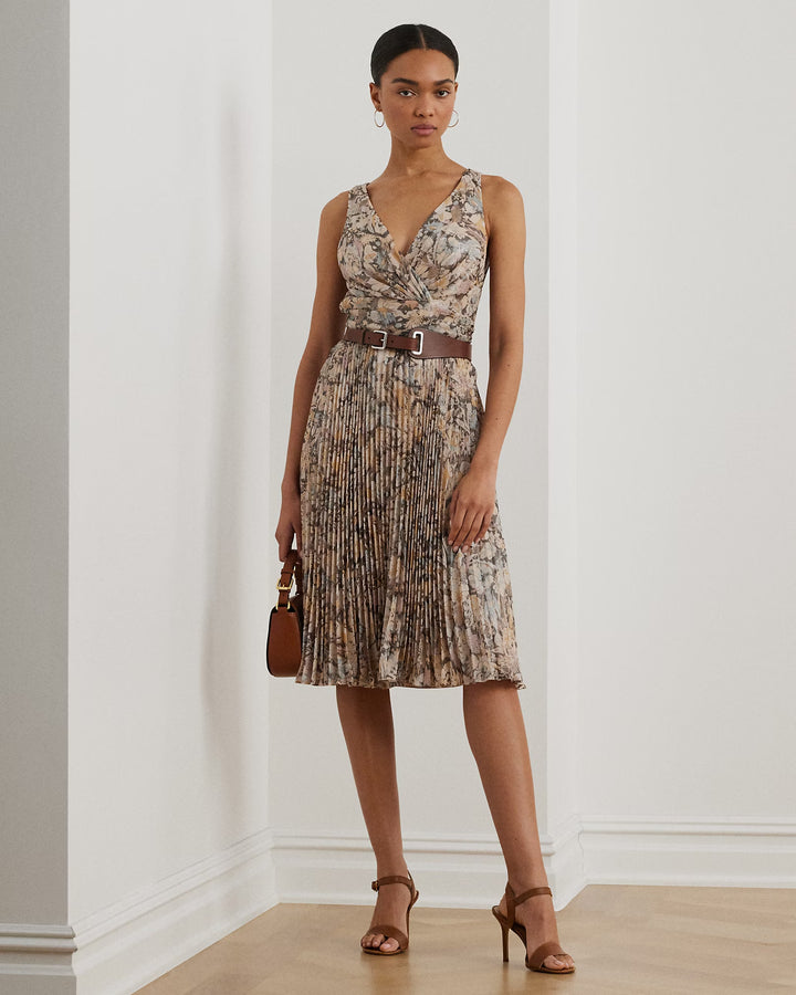 Ralph Lauren Floral Metallic Chiffon Cocktail Dress