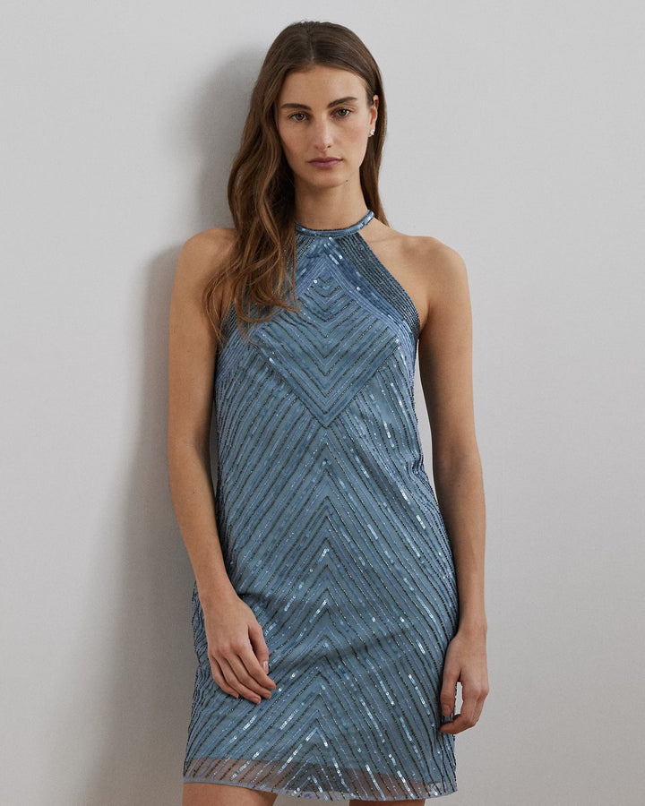 Ralph Lauren Beaded Mesh Halter Cocktail Dress