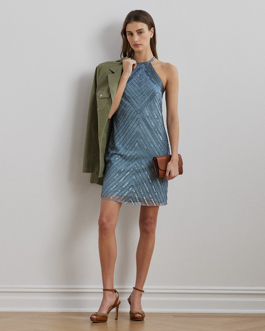 Ralph Lauren Beaded Mesh Halter Cocktail Dress