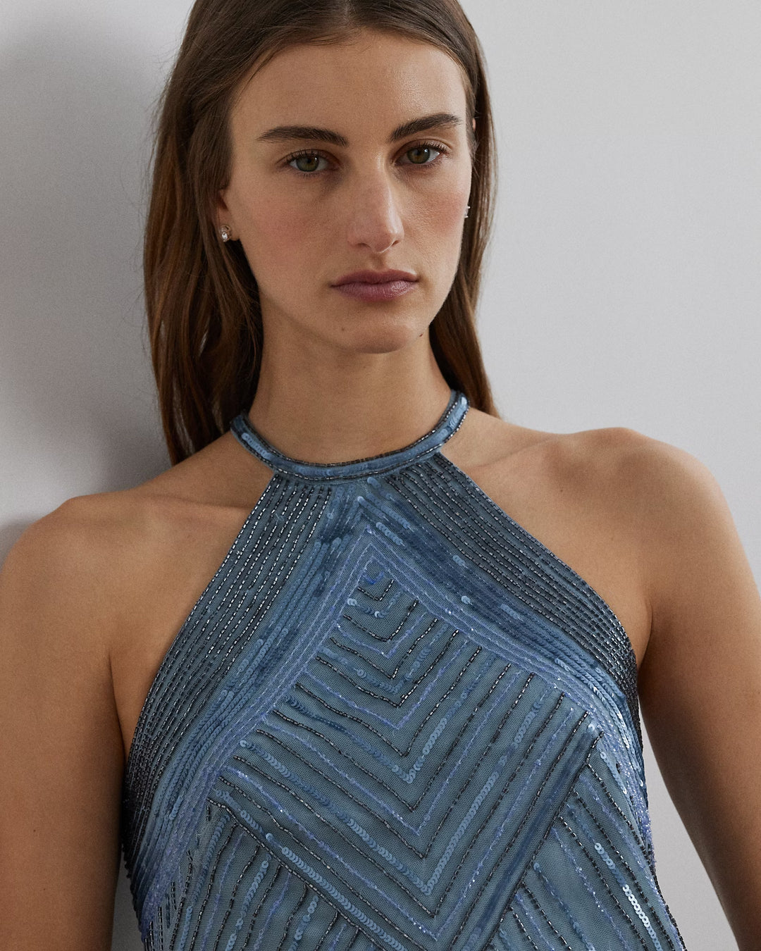 Ralph Lauren Beaded Mesh Halter Cocktail Dress